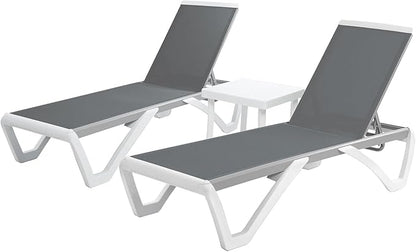 Kozyard 3-Piece Outdoor Chaise Lounge Chair Set, Fully Flat Adjustable Patio Lounger with Aluminum Frame & Resin Legs, Textilene Fabric for Poolside, Backyard & Beach (Gray, 2 Chairs + Table)