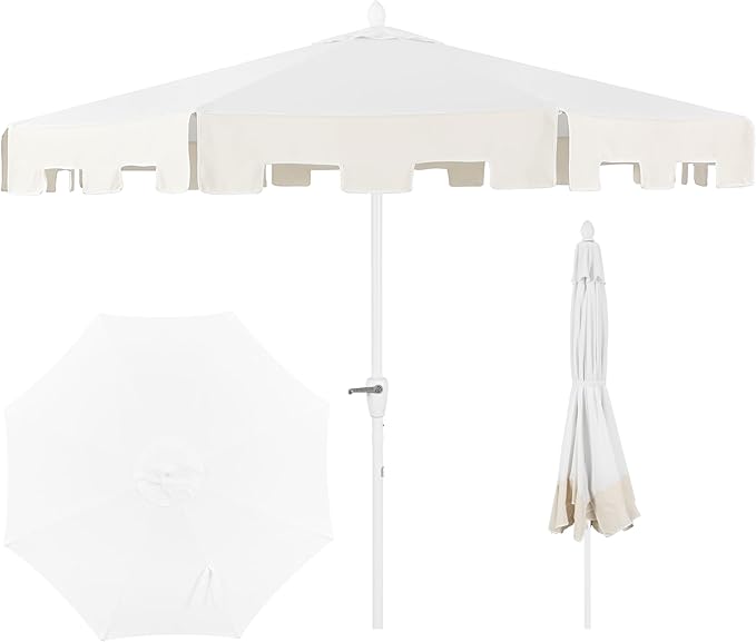 JONATHAN Y UMB1000B Baiona 9 ft. Classic MidCentury Market Patio Umbrella with UV Protection, Auto-Tilt, Crank and Wind Vent in White/Cream