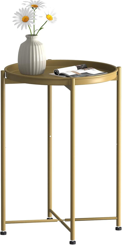 Garden 4 you Small Side Table, Gold Mini Round End Table, Tray Table with Metal Frame, Modern Nightstand for Living Room, Bedroom, Patio, Small Space, 1PCS