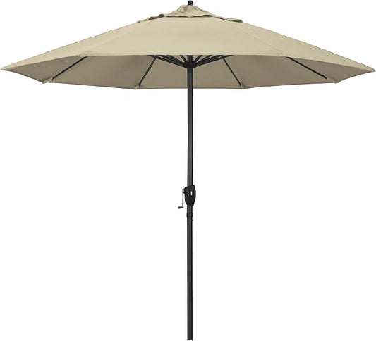 California Umbrella 9' Rd Aluminum Patio Umbrella, Crank Lift, Auto Tilt, Black Finish, Sunbrella Antique Beige