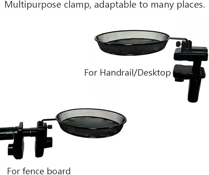 Railing/Fence/Pole Mount Bird Feeder 8" Metal Mesh Birdseed Tray for Deck/Balcony/Porch Wildbird Feeding Large Clamp(3" Max) Platform Wild Bird Feeder