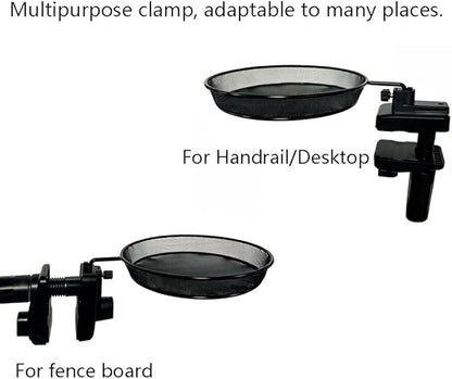 Railing/Fence/Pole Mount Bird Feeder 8" Metal Mesh Birdseed Tray for Deck/Balcony/Porch Wildbird Feeding Large Clamp(3" Max) Platform Wild Bird Feeder