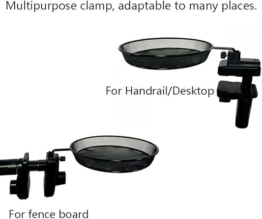 Railing/Fence/Pole Mount Bird Feeder 8" Metal Mesh Birdseed Tray for Deck/Balcony/Porch Wildbird Feeding Large Clamp(3" Max) Platform Wild Bird Feeder