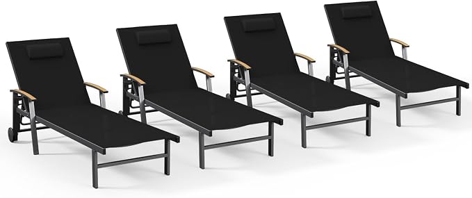 Ciokea Outdoor Lounge Chair with Pillow Set of 4, 5-Position Chaise Lounges with Wheels & Armrests, 400 lbs Heavy Duty Aluminum Pool Lounge Chairs, for Deck, Beach, Backyard & Poolside, Black
