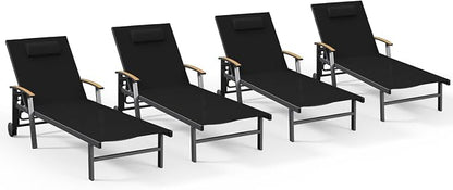 Ciokea Outdoor Lounge Chair with Pillow Set of 4, 5-Position Chaise Lounges with Wheels & Armrests, 400 lbs Heavy Duty Aluminum Pool Lounge Chairs, for Deck, Beach, Backyard & Poolside, Black