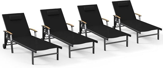 Ciokea Outdoor Lounge Chair with Pillow Set of 4, 5-Position Chaise Lounges with Wheels & Armrests, 400 lbs Heavy Duty Aluminum Pool Lounge Chairs, for Deck, Beach, Backyard & Poolside, Black