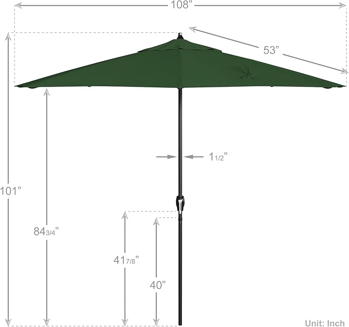 California Umbrella 9' Rd Aluminum Patio Umbrella, Crank Lift, Auto Tilt, Black Finish, 4yr Fade Warranty, Hunter Green