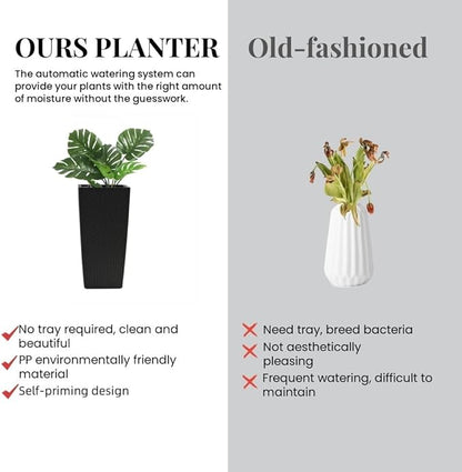 23in Tall Planter Set of 2, Large Self Watering Pots for Indoor/Outdoor Plants with Drain Holes, Water Level Monitor, Inner Bucket for Front Porch Patio, Black Rattan