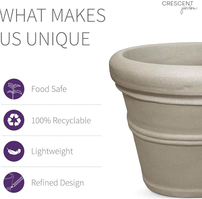 Crescent Garden Brunello Classic Rolled Rim Planter Pot, Indoor/Outdoor Plastic Round Plant Pot - Decorative Flower Pot - 20'' (Parchment)