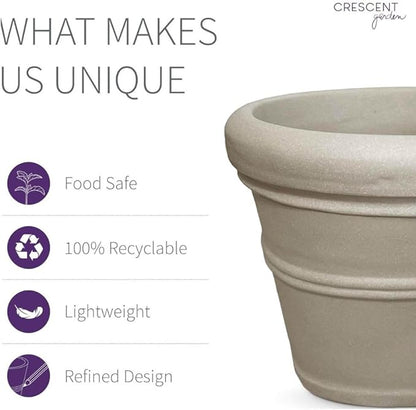 Crescent Garden Brunello Classic Rolled Rim Planter Pot, Indoor/Outdoor Weather-Safe Round Plant Pot, Premium Plastic Flowerpot for Houseplants, Herbs - 16''W (Parchment)