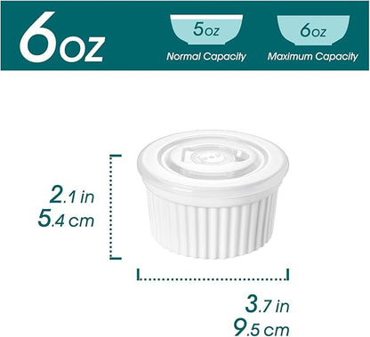 vancasso 6 oz Ramekins with Lid, Porcelain Creme Brulee Souffle Dishes, White Pudding Custard Cups Ramiken for Baking, Dishwasher and Oven Safe, Set of 6