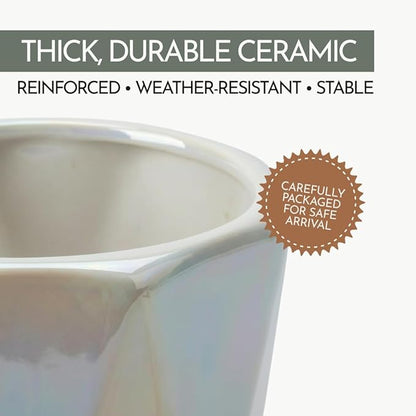 Coco Andrea Ceramic Plant Pots for Indoor Plants with Drainage & Saucers - 5-inch Iridescent White Planters for Houseplants, Succulents & Flowers - 2-Piece Housewarming Gift Set (2, Large)