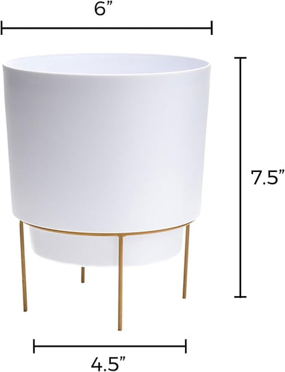 Bloem Hopson Decorative Resin Cachepot with Metal Stand, 6" Indoor and Outdoor Planter with Gold Metal Stand, White