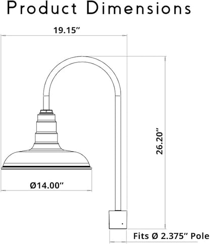 Steel Lighting Co. Topanga Barn Light | Outdoor Pole Top Mounted | 14" Dome | Upslope Gooseneck with Slip Fitter for 2-3/8" Standard Poles | Made in America | Matte Black Exterior/Matte Black Interior
