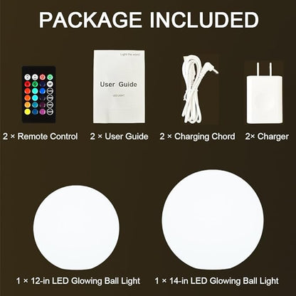 12-in LED Glowing Ball Light, Rechargeable LED Globe Orb Light w/Remote (1PC) and and 14-in Glowing LED Ball Light, Rechargeable Dimmable RGB Color Changing Globe Orb Light w/Remote (1PC)