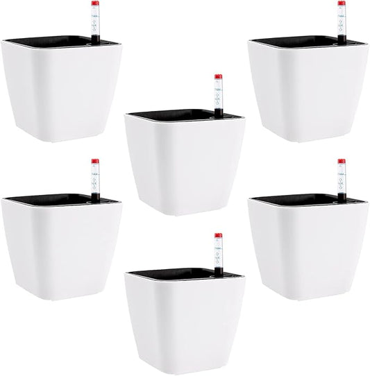 5.5 Inch Self Watering Plastic Planter With Indicator - 6 PCS Square Plant Pots, Decorative Lazy Flower Pot for House Plants, Herbs, Aloe, Succulents