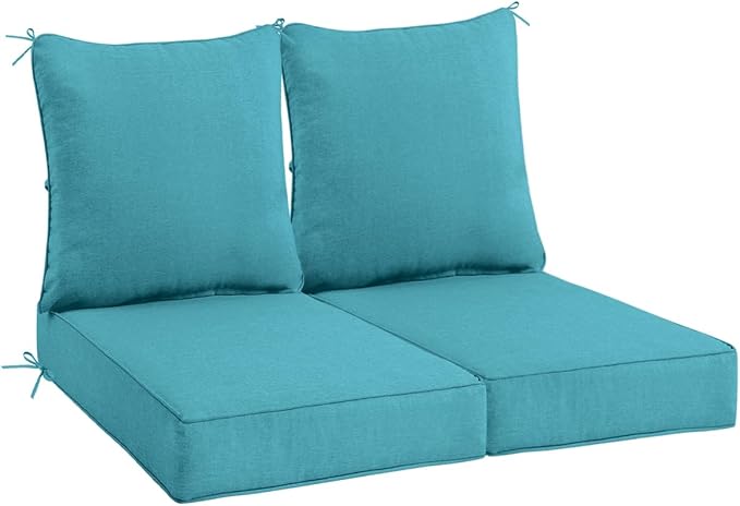 Sundale Outdoor Olefin Deep Seat Cushion Set of 2, Patio Chair Cushion and Pillow, Water-Resistant Sectional Sofa Pad with Straps Teal, 23 x 26 x 4 Inches