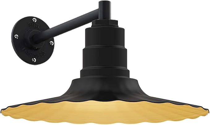 Steel Lighting Co. Highland Park Barn Light | Outdoor Wall Mounted | 16 inch Radial Wave | 11 inch Straight Arm | Vintage Style Made in America | Matte Black Exterior/Brass Interior
