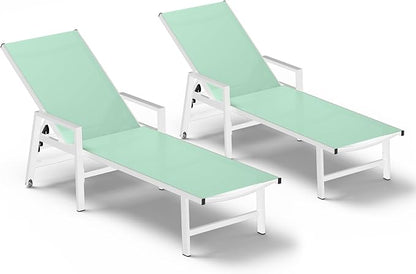 Patio Chaise Lounge Chair Outdoor with Wheels&Armrests, Aluminum Pool Lounge Chairs Set of 2 Five-Position Adjustable Recliner, Outdoor Beach Lounge Chairs for Outside, Patio, Deck, Yard, Light Green