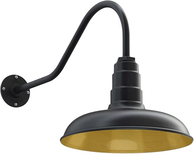 Steel Lighting Co. Topanga Barn Light | Outdoor Wall Mounted | Farmhouse Garage Light Made in America | 14 inch Dome | 23 inch Gooseneck | Matte Black Exterior/Brass Interior