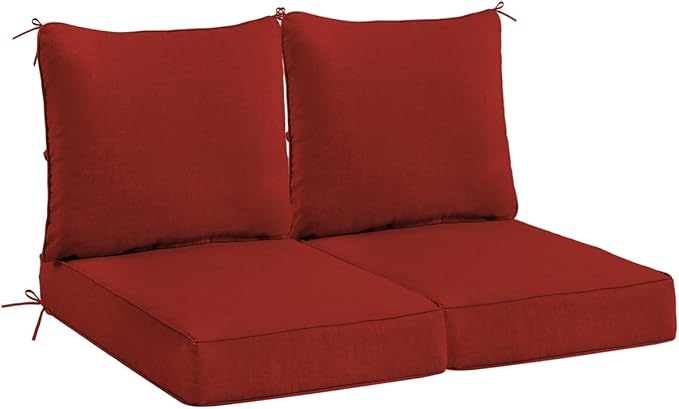 Sundale Outdoor Olefin Deep Seat Cushion Set of 2, Patio Chair Cushion and Pillow, Water-Resistant Sectional Sofa Pad with Straps Red, 24 x 24 x 4 Inches