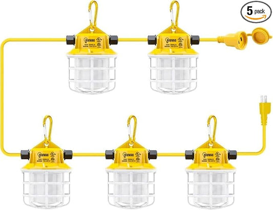 50ft LED Construction String Lights, 75W 7500LM Industrial Grade Super Bright String Work Lights for Construction Sites, Temporary Work, Renovation, Jobsite, and all outdoor lighting(50ft-5lights)