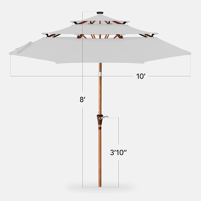 Best Choice Products 10ft 3-Tier Solar Patio Market Umbrella, Outdoor Sun Shade for Backyard, Deck, Poolside, Table w/Woodgrain Pattern, LED Lights, Tilt Adjustment - Fog Gray