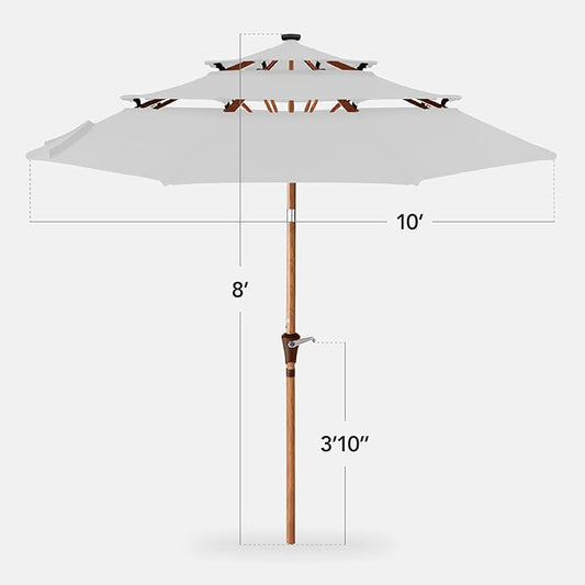 Best Choice Products 10ft 3-Tier Solar Patio Market Umbrella, Outdoor Sun Shade for Backyard, Deck, Poolside, Table w/Woodgrain Pattern, LED Lights, Tilt Adjustment - Fog Gray