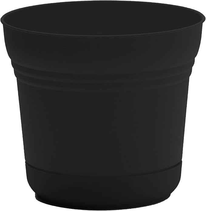 Bloem Saturn 5" Black Round Resin Planter Pot with Snap-in Saucer for Indoor and Outdoor Gardening, 4-Pack