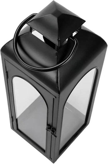 Bdor 2 Pack Luxury Black Metal Lanterns – 16" Tall Modern Hurricane Candle Lanterns with Tempered Glass Panels for Front Porch, Tabletop, Mantel, Wall Hanging, Garden, Indoor & Outdoor Décor