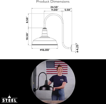 Steel Lighting Co. Gardena Barn Light | Outdoor Wall Mounted | 16" Dome | Upward Sloping Gooseneck | Farmhouse Light Made in America | Modern Gray Exterior/Brass Interior