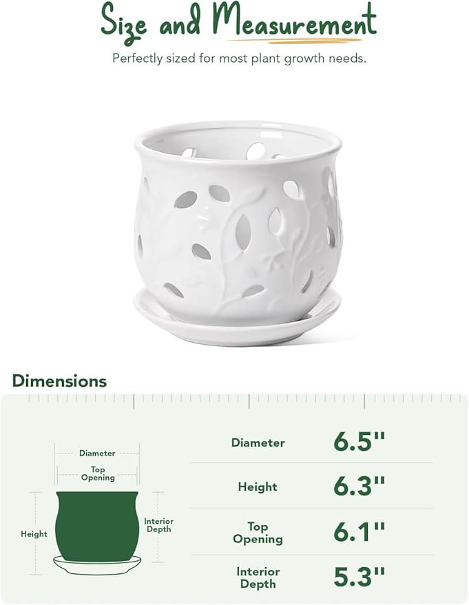 LE TAUCI Ceramic Orchid Pot, 6.5 Inch Orchid Pots with Holes, Orchid Planter for Repotting, Indoor Flower Plant Pot with Drainage and Saucer, White