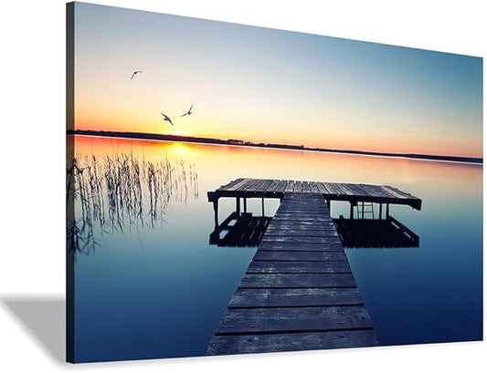 Hardy Gallery lake wall art pier picture: scenic nature canvas wall art lake scene artwork dock scenery wall decor painting - sunset landscape prints for bedroom house 16"x11"