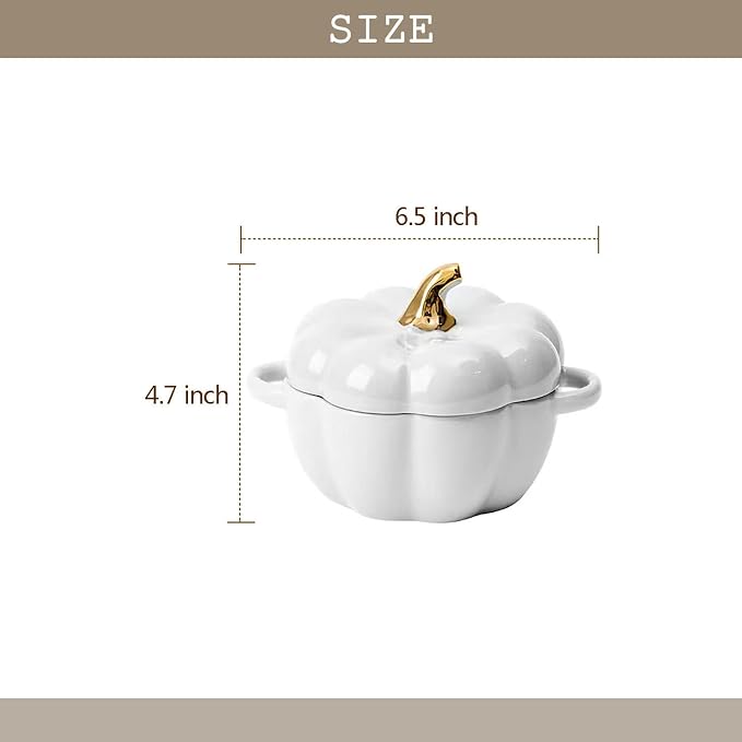 Pumpkin Bowl Set with Lid and Handle, Set of 2 Ceramic Ramekins for Baking, Casserole Dish Individual Severing Pot, Stoneware, Oven Safe, 14 Oz (White)