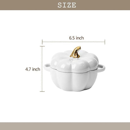 Pumpkin Bowl Set with Lid and Handle, Set of 2 Ceramic Ramekins for Baking, Casserole Dish Individual Severing Pot, Stoneware, Oven Safe, 14 Oz (White)