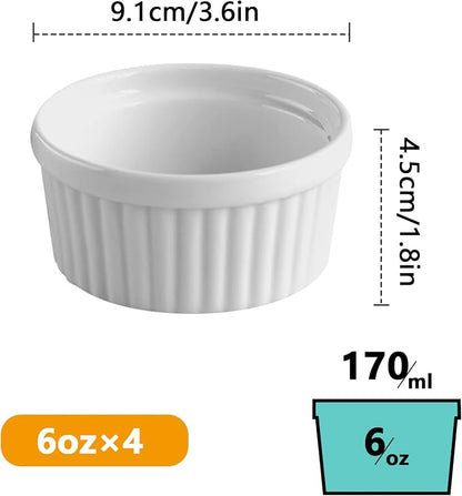 Cinf Porcelain Ramekins 6 oz Pudding Cup Baking Cup Bowls Dishes, Set of 4,Souffle Cups Dishes, Dipping Sauce,Creme Brulee, Custard Cups, Desserts, Oven, Microwave, Freezer and Dishwasher Safe