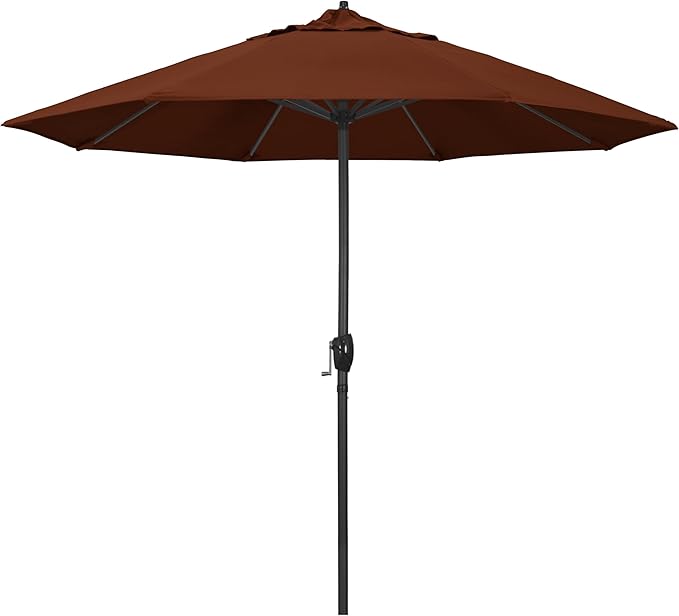 California Umbrella 9' Rd Aluminum Patio Umbrella, Crank Lift, Auto Tilt, Black Finish, 4yr Fade Warranty, Brick