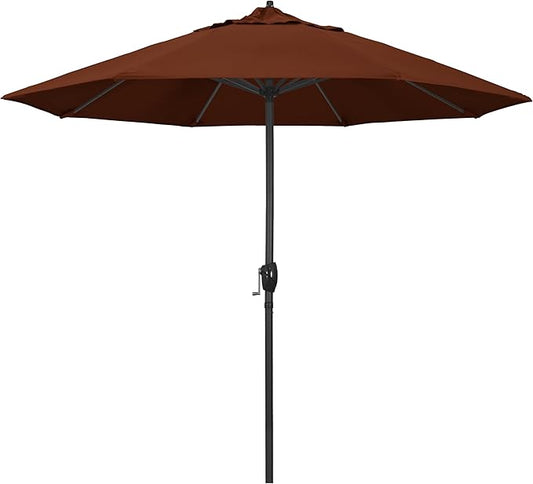 California Umbrella 9' Rd Aluminum Patio Umbrella, Crank Lift, Auto Tilt, Black Finish, 4yr Fade Warranty, Brick