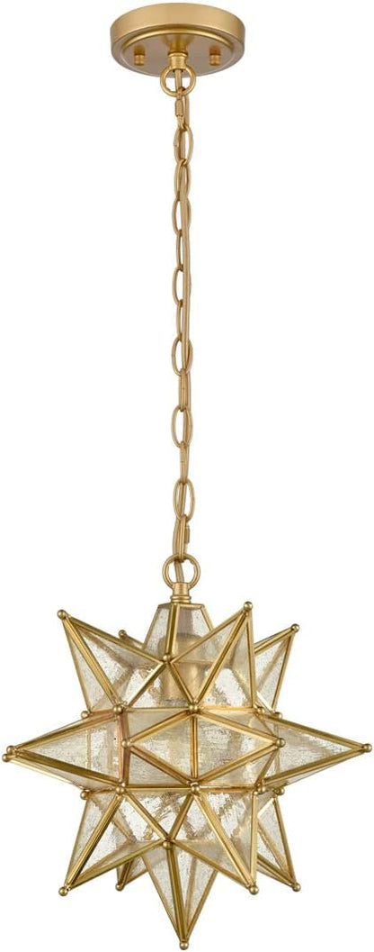 DIRYZON Modern Moravian Star Pendant Light Gold Hanging Ceiling Light Seeded Glass Pendant Lighting for Kitchen Island，13-Inch