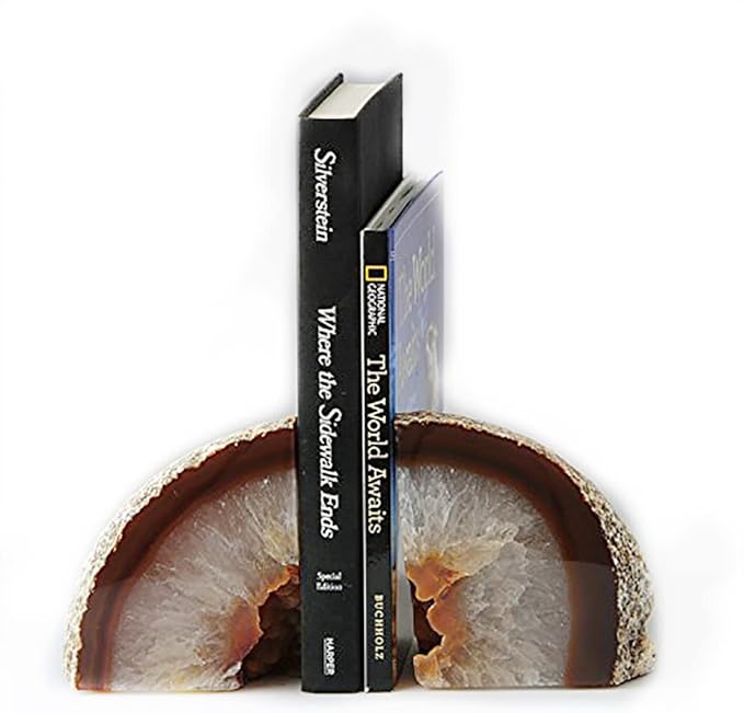 JIC Gem Natural Agate Book Ends Decorative geode bookends for Heavy Books with Rubber Bumpers Crystal Bookends for Shelves and Office Decoration 1 Pair(6 to 8 Lbs)