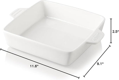 Sweejar Ceramic Baking Dish, 9 x 9 Cake Baking Pan for Brownie, Porcelain Square Bakeware with Double Handle for Casserole, Lasagna, Family Dinner (White)