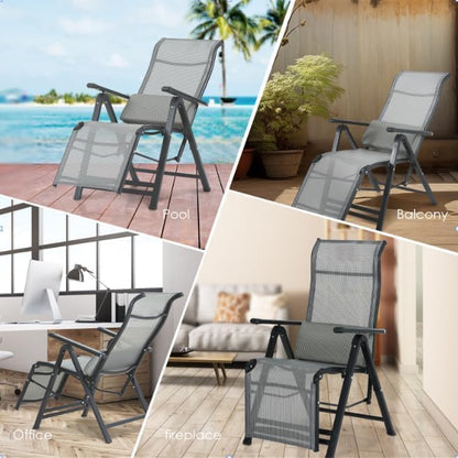 Folding Lounge Chaise,Outdoor Aluminum Beach Chair Tanning Recliners High Backrest with Removable Lumbar Pillow Assemble-Free for Sunbathing Patio Pool Beach Lawn Deck - Grey