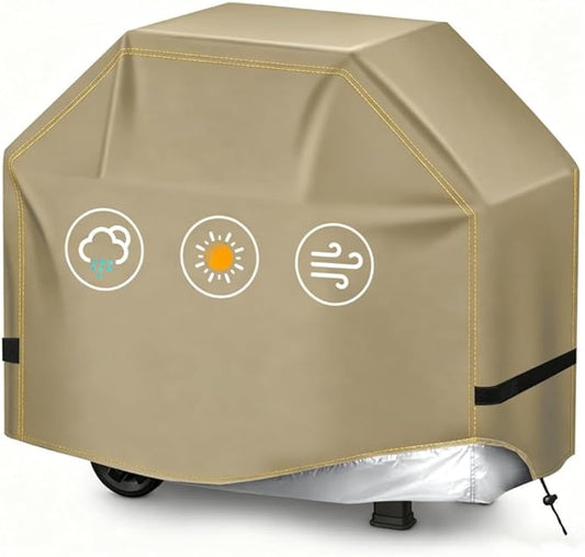 BBQ Gas Grill Cover for Outdoor, Anti-UV, Rip-Proof, 600D Oxford Fade Resistant Material, Barbecue Cover with Hook and Loop Straps & Adjustable Hem Drawstring (Beige, 44”x22”x42”)