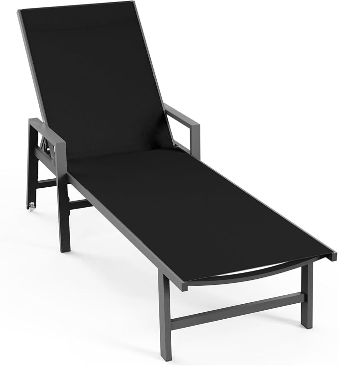 Vexwalx Patio Chaise Lounge Chair Outdoor with Wheels&Armrests, Aluminum Pool Lounge Chairs 5-Position Adjustable Recliner, Outdoor Beach Lounge Chairs for Outside, Patio, Deck, Yard, Black