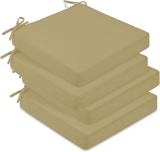 downluxe Waterproof Outdoor Chair Cushions Set of 4, 19" x 19" x 3" Patio Chair Cushion with Non-Slip Ties & Handle, Square Outdoor Cushion for Patio Furniture with Removable Cover, Khaki