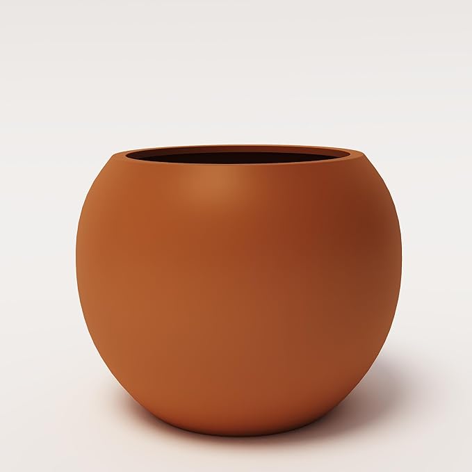 DTY Signature Mount Sherman Modern Indoor Outdoor Fiberstone Sphere Planter, Durable Round Garden Pot, Weather Resistant, Drainage Hole & Rubber Plug, Planter for Christmas Tree - Small, Terracotta
