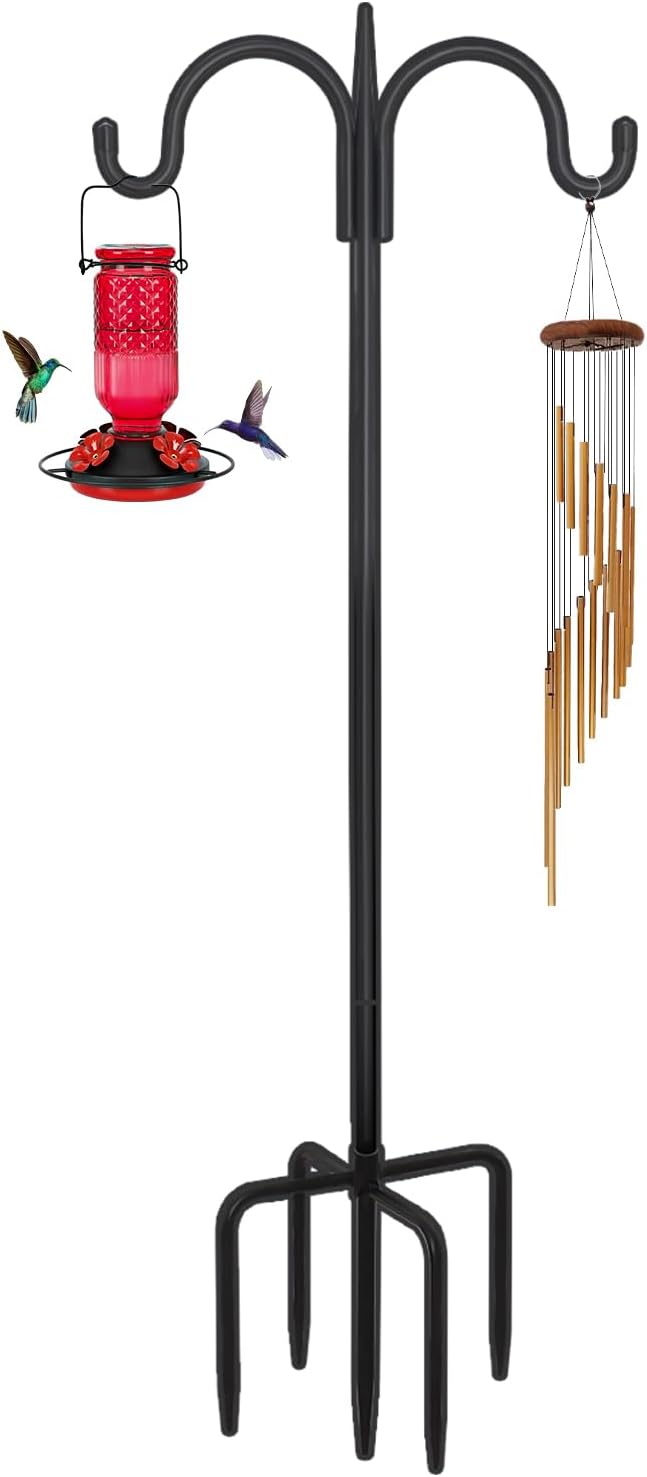 FEED GARDEN Heavy Duty Shepherds Hook 108" Double Hooks Adjustable (44/60/76/92/108") - Metal 5-Prong Base, 12lb Capacity - Easy Assembly Bird Feeder Pole for Hanging Planters, Lanterns, Wind Chimes