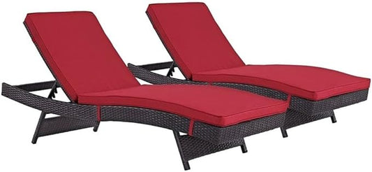 Modway Convene Wicker Rattan Outdoor Patio Chaise Lounge Chairs in Espresso Red - Set of 2