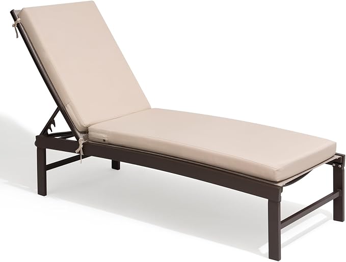 Crestlive Products Chaise Lounge Chair with Cushion,Outdoor 5 Position Recliner, All Weather Furniture for Patio, Beach, Yard, Pool (1PCS Beige)