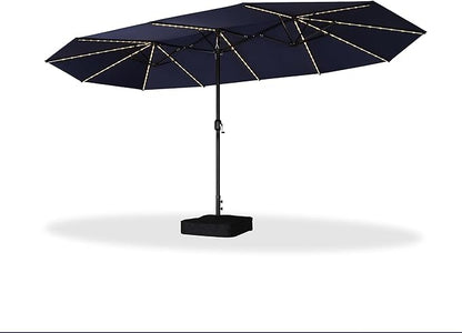 PURPLE LEAF 15ft Patio Market Umbrella with Solar LED and Base Double-Sided Rectangle Outdoor Table Sun Umbrellas with Crank for Pool Beach Deck Backyard Navy Blue